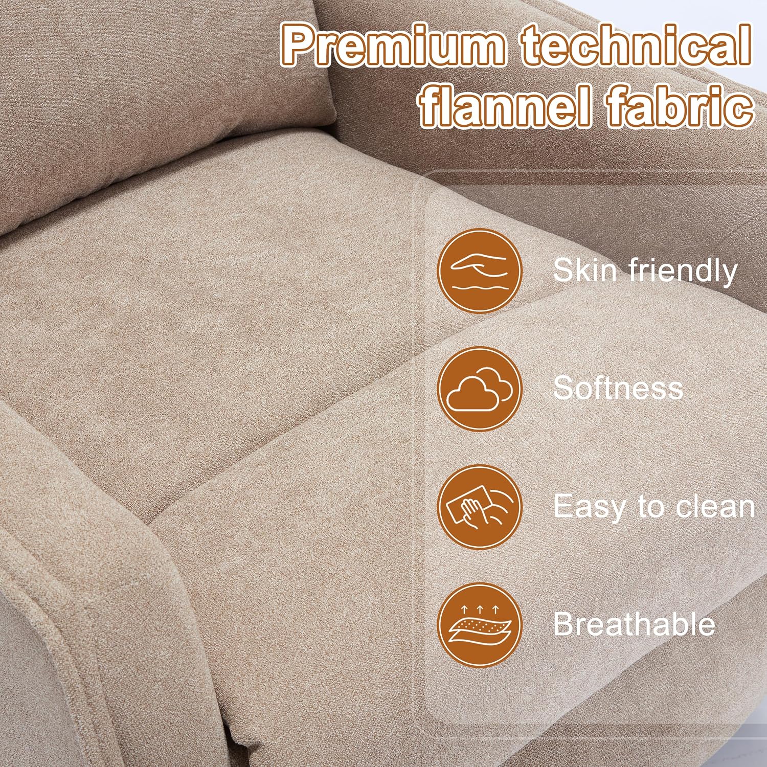 Manual 360° Swivel Rocker Recliner Chair for Adults, Overstuffed Glider Chair for Nursery with Vibration Massage and Heat, Comfy Soft Fabric Glider with Side Pockets for Living Room, Khaki