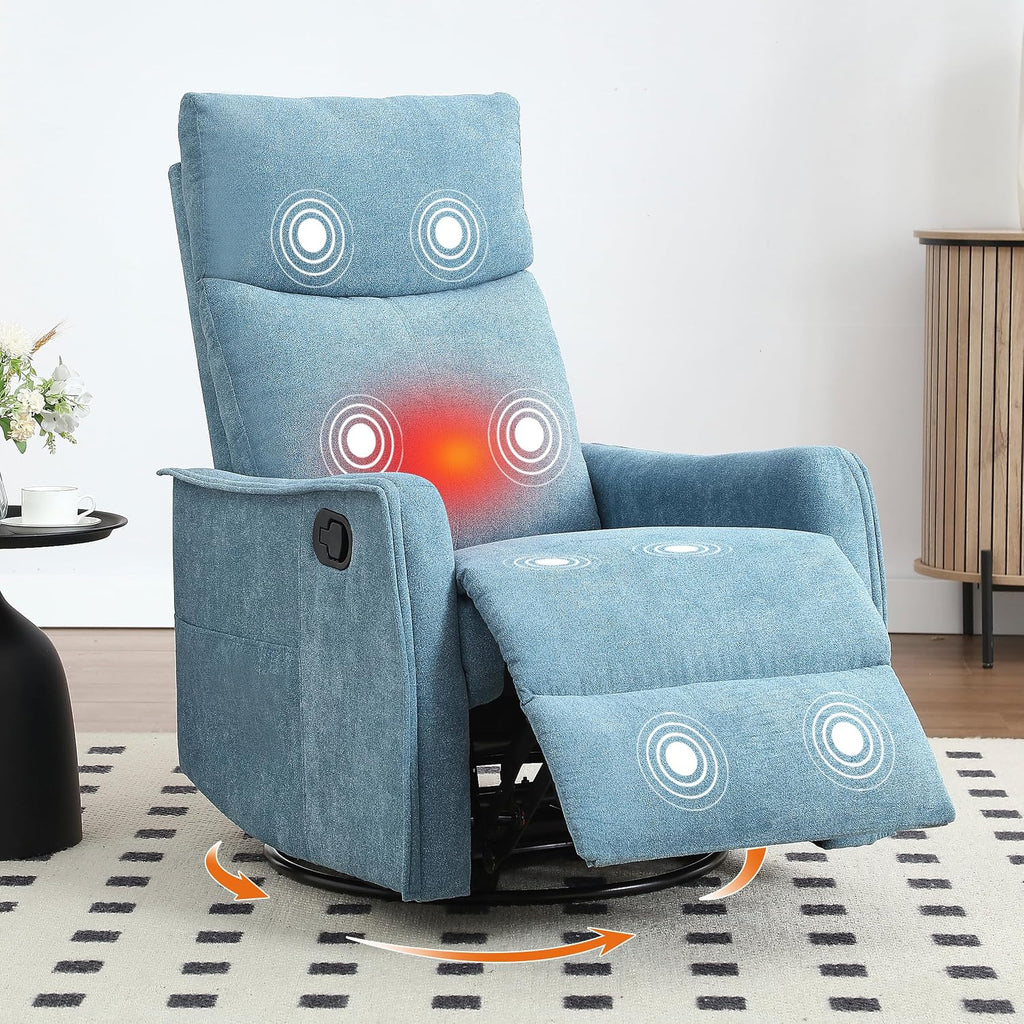 Manual 360° Swivel Rocker Recliner Chair for Adults, Overstuffed Glider Chair for Nursery with Vibration Massage and Heat, Comfy Soft Fabric Glider with Side Pockets for Living Room, Blue