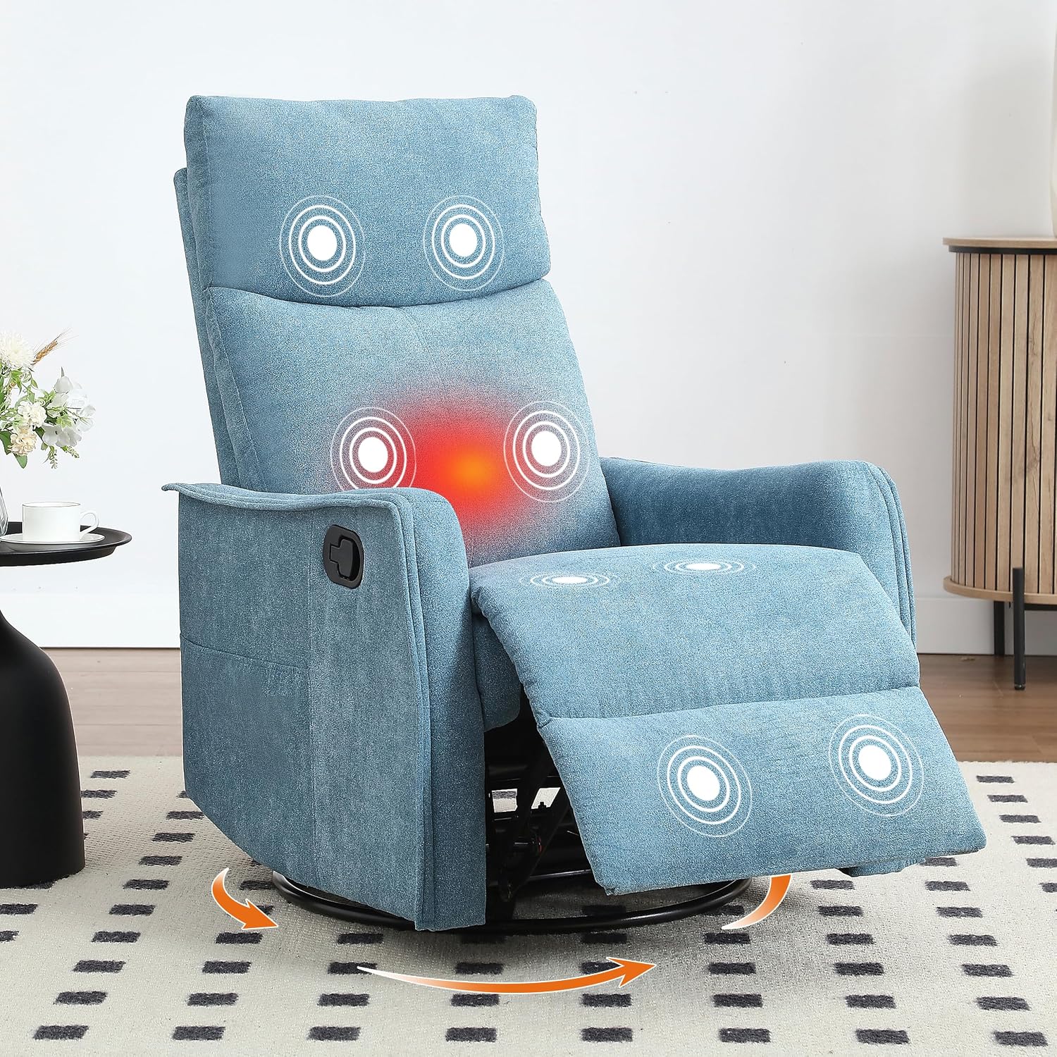 Manual 360° Swivel Rocker Recliner Chair for Adults, Overstuffed Glider Chair for Nursery with Vibration Massage and Heat, Comfy Soft Fabric Glider with Side Pockets for Living Room, Blue