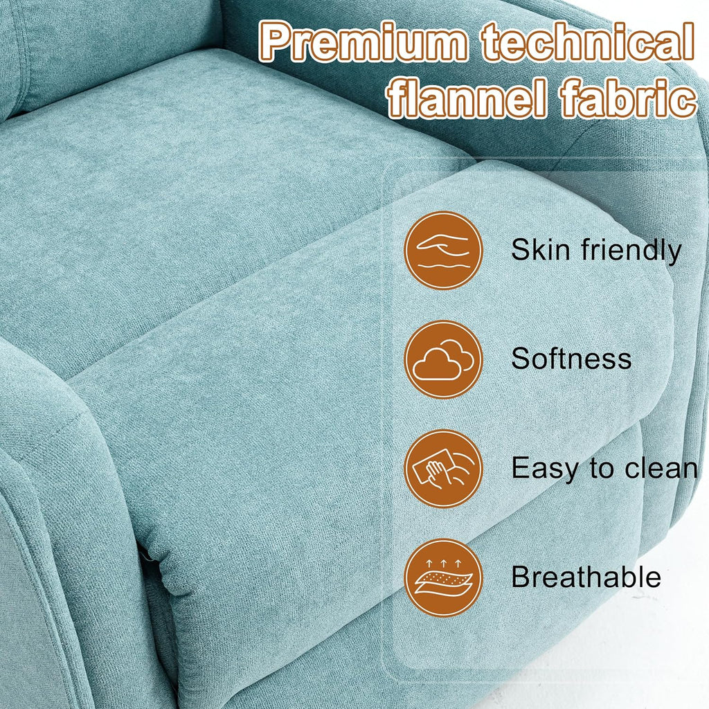 Manual 360° Swivel Rocker Recliner Chair for Adults, Overstuffed Glider Chair for Nursery with Vibration Massage & Heat, Comfy Soft Fabric Recliner Chair with Side Pockets for Living Room, Blue Green