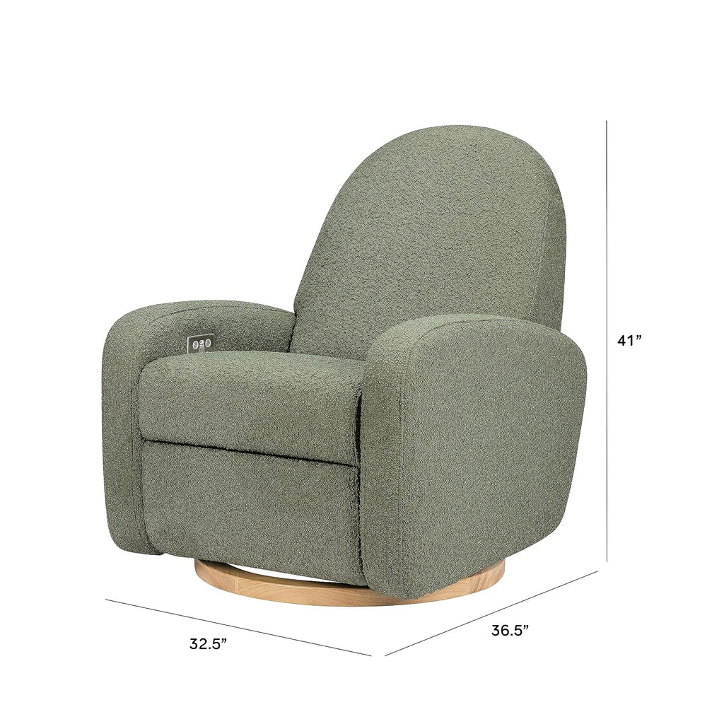 Babyletto Nami Electronic Power Recliner and Swivel Glider with USB Port in Olive Boucle with Light Wood Base, Water Repellent & Stain Resistant, Greenguard Gold and CertiPUR-US Certified
