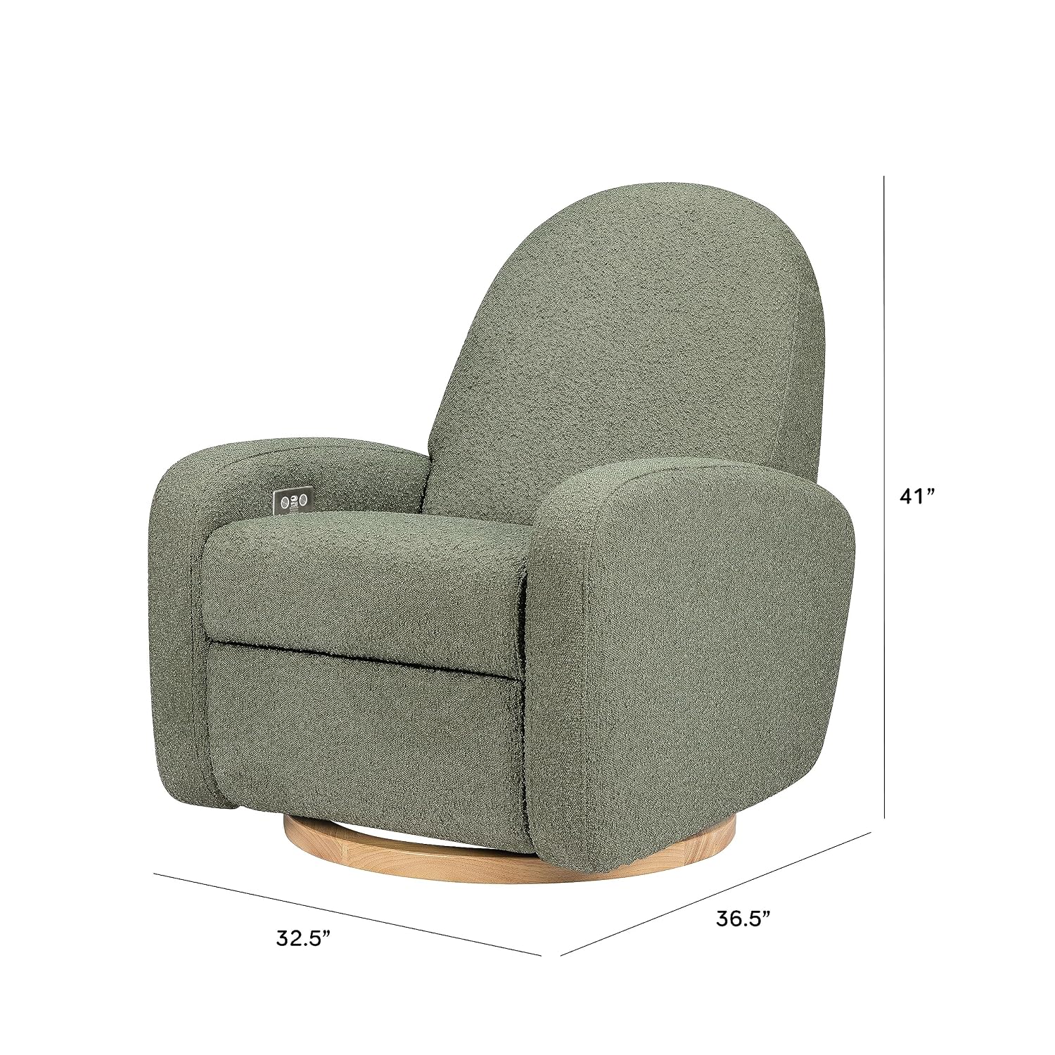 Babyletto Nami Electronic Power Recliner and Swivel Glider with USB Port in Olive Boucle with Light Wood Base, Water Repellent & Stain Resistant, Greenguard Gold and CertiPUR-US Certified