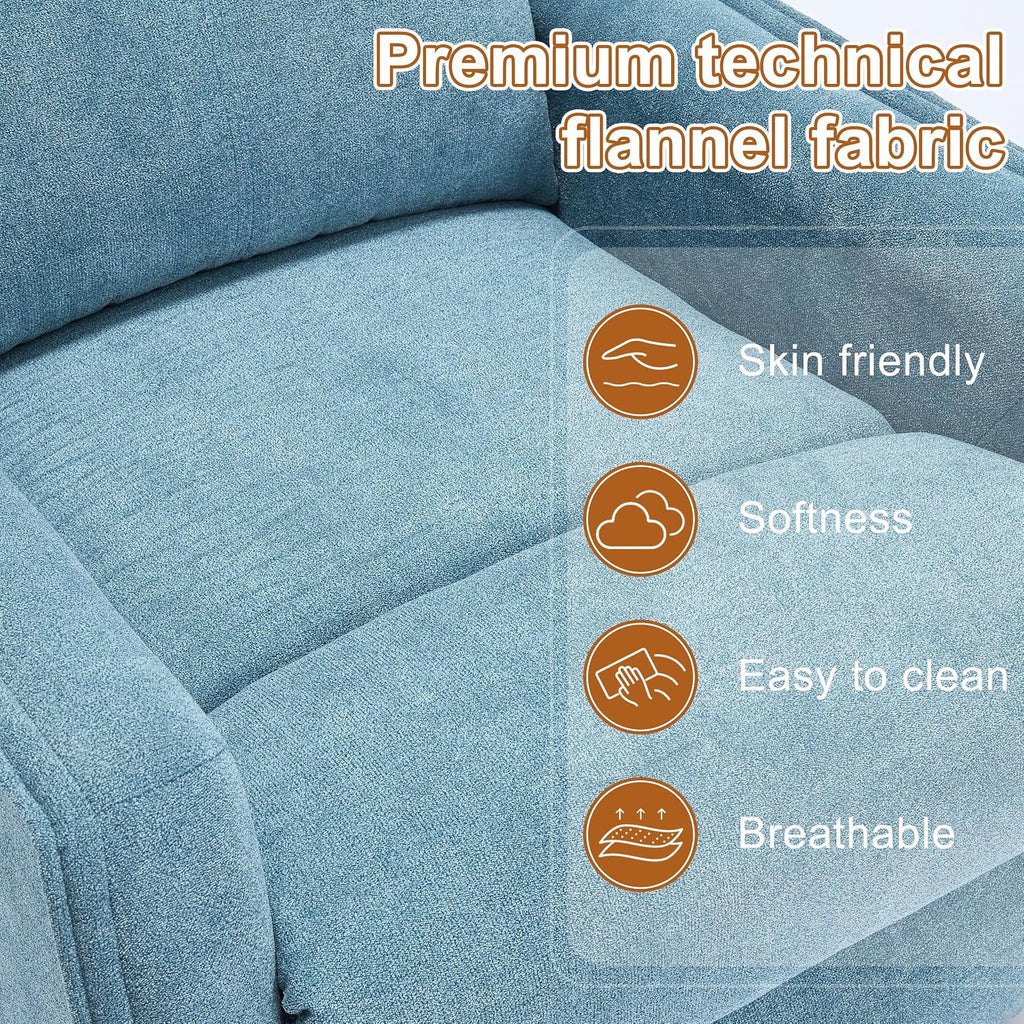 Manual 360° Swivel Rocker Recliner Chair for Adults, Overstuffed Glider Chair for Nursery with Vibration Massage and Heat, Comfy Soft Fabric Glider with Side Pockets for Living Room, Blue