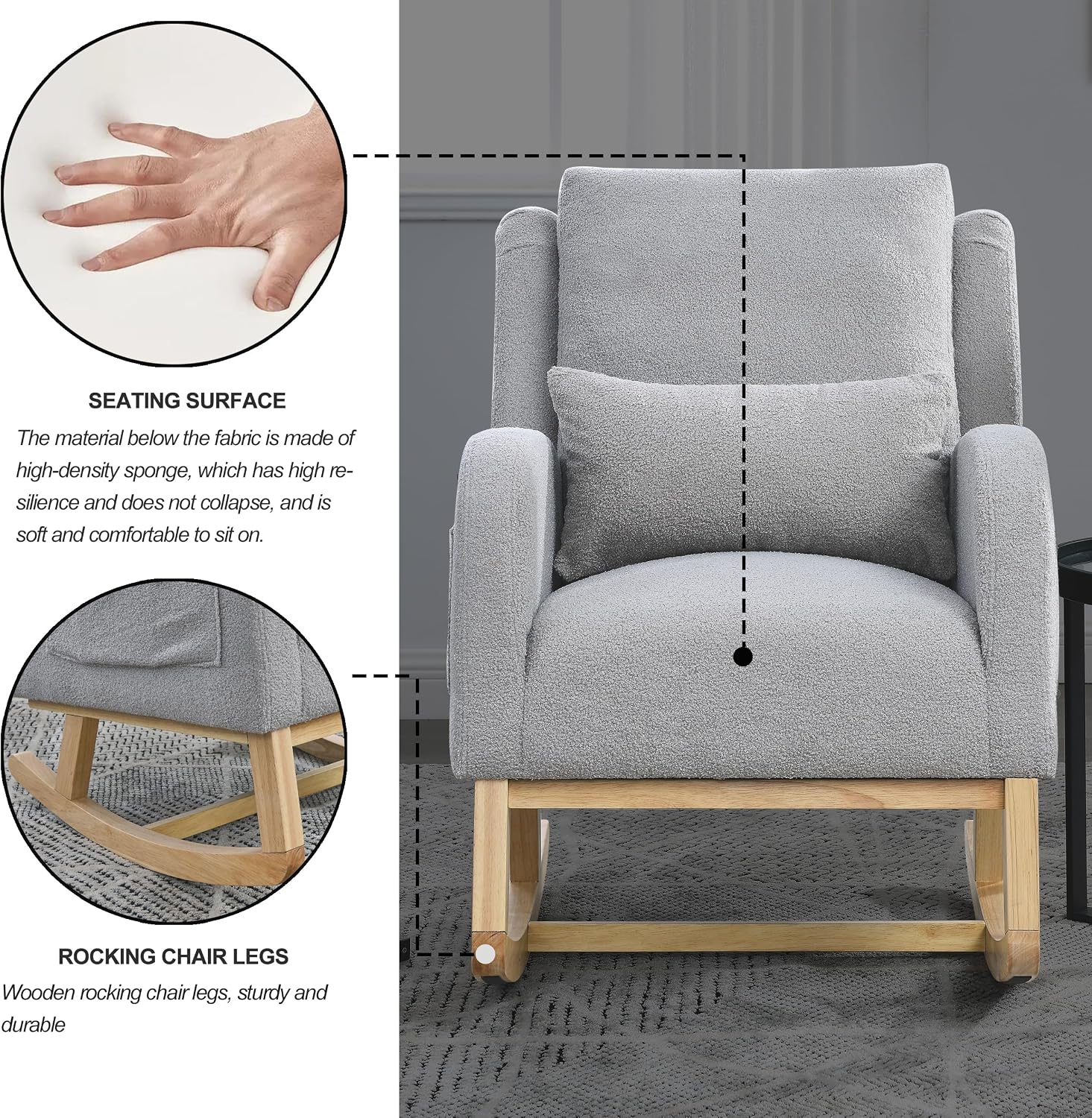 27.5 'W Nursery Rocking Chair Teddy Upholstered Accent Rocker Chair with Pillow Cushion Comfy Soft Rocker Glider Solid Rubber Wood Leg for Bedroom Living Room Nursing Room, Grey