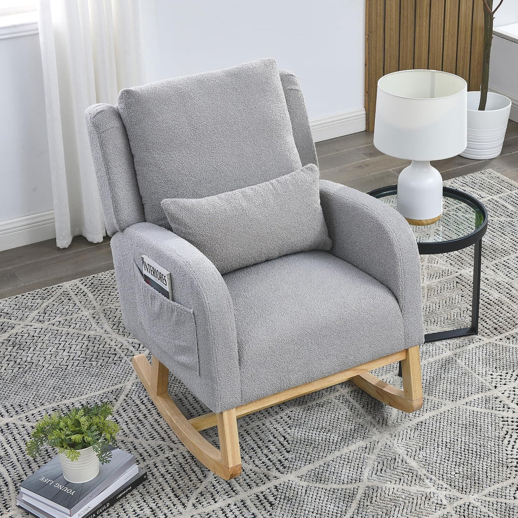 27.5 'W Nursery Rocking Chair Teddy Upholstered Accent Rocker Chair with Pillow Cushion Comfy Soft Rocker Glider Solid Rubber Wood Leg for Bedroom Living Room Nursing Room, Grey
